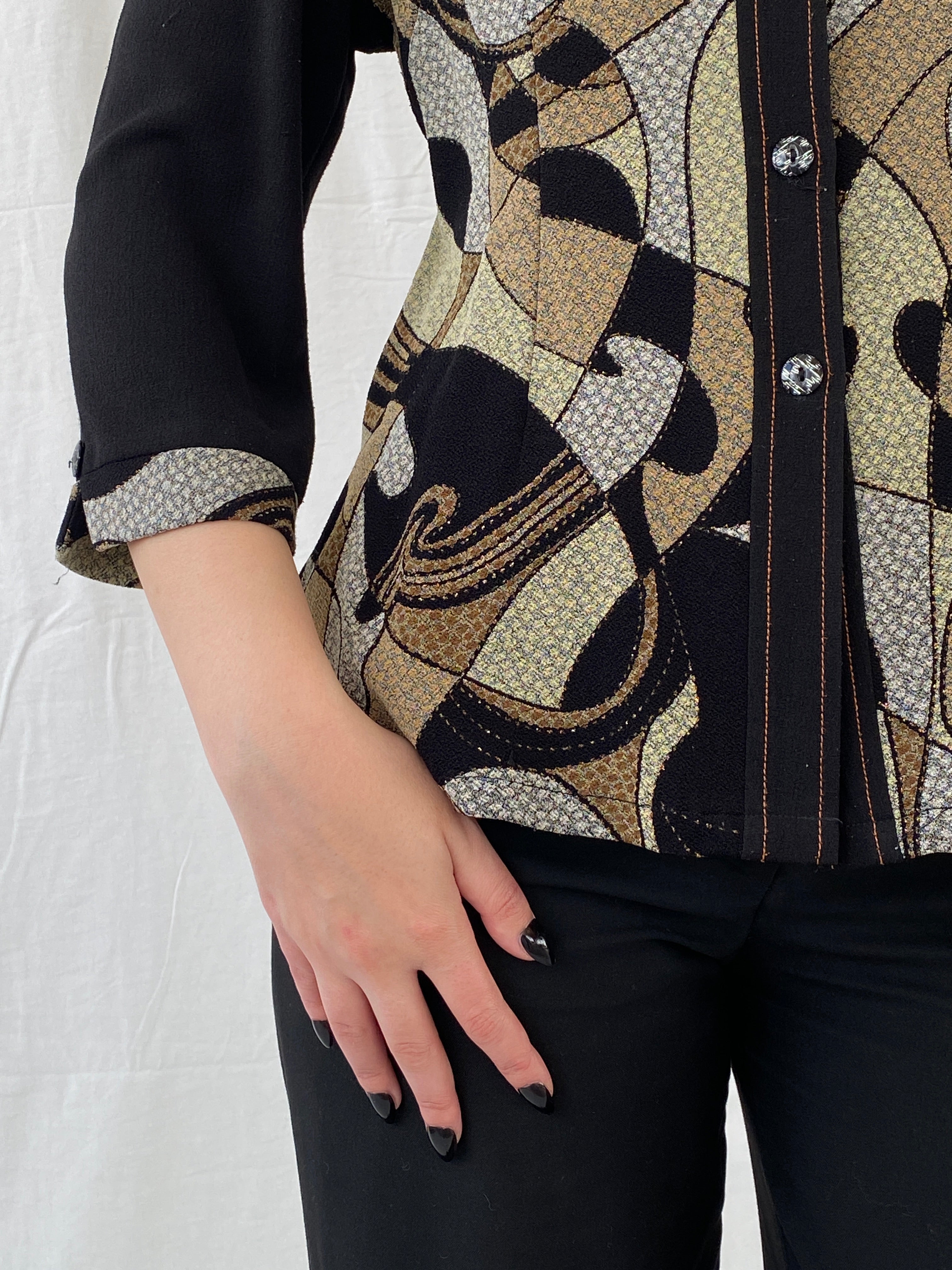 Vintage Telihuang Black and Beige Women’s Abstract Design Shimmery Buttoned Shirt - XL