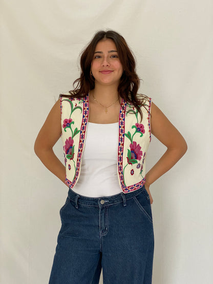 Vintage Beige Pink Floral Folk Embroidered Vest - M