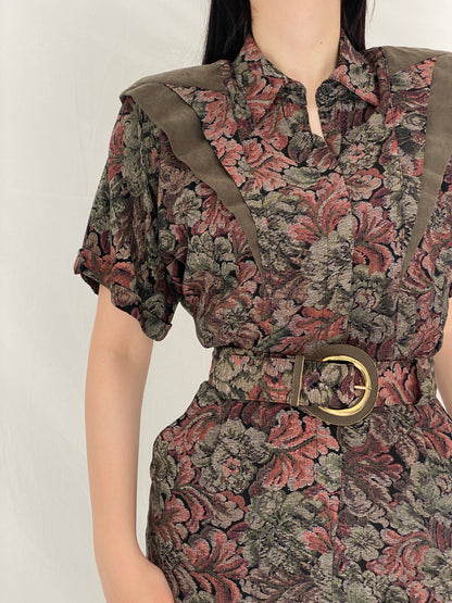 Vintage 90s Positive Influence Floral Belted Earth Tone Tapestry Mini Dress - S