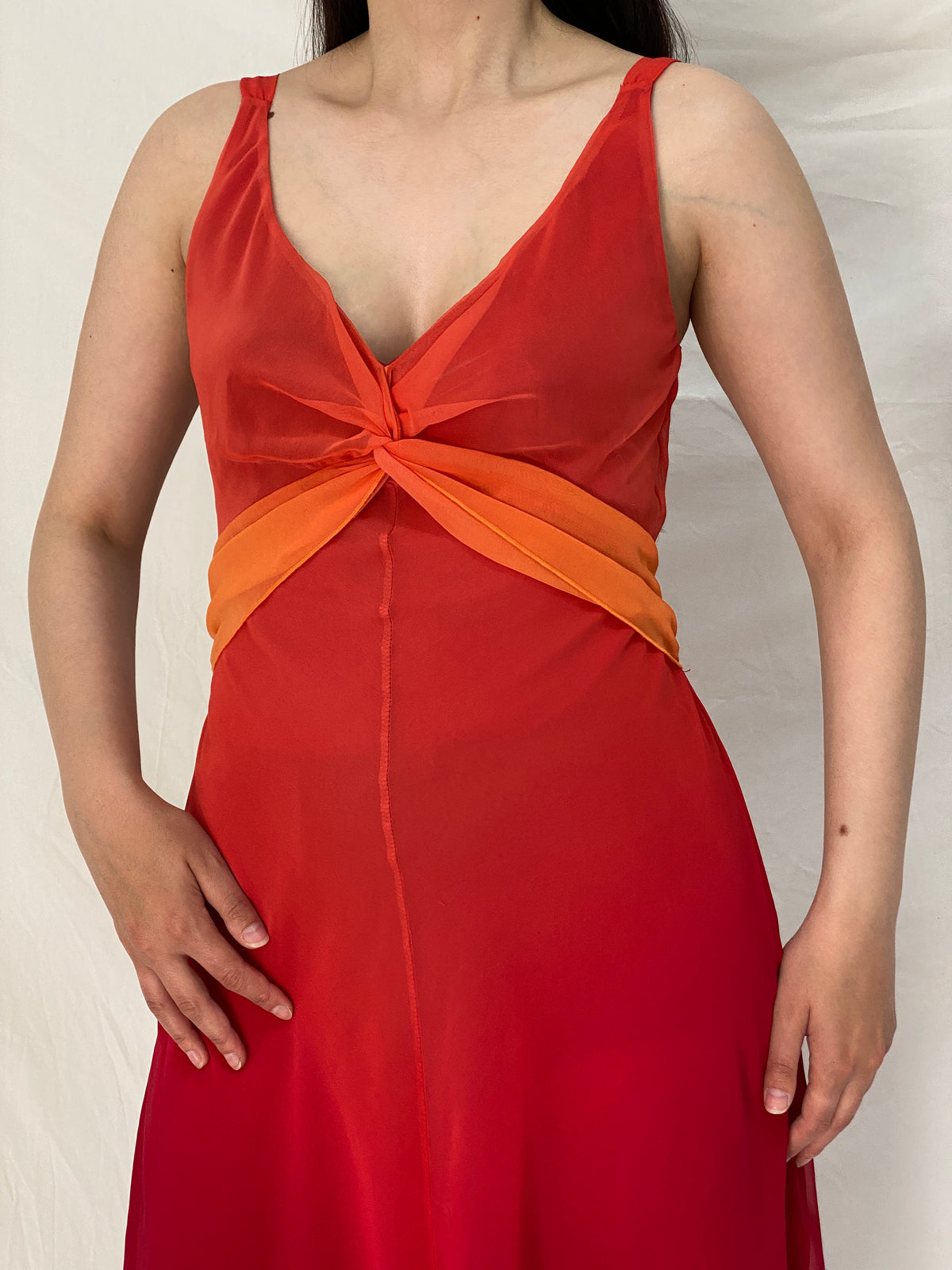 Vintage 90s BAY Red Orange Ombre Chiffon Midi Wedding Guest Dress – M Vintage 90s BAY Red Orange Ombre Chiffon Midi Wedding Guest Dress – M