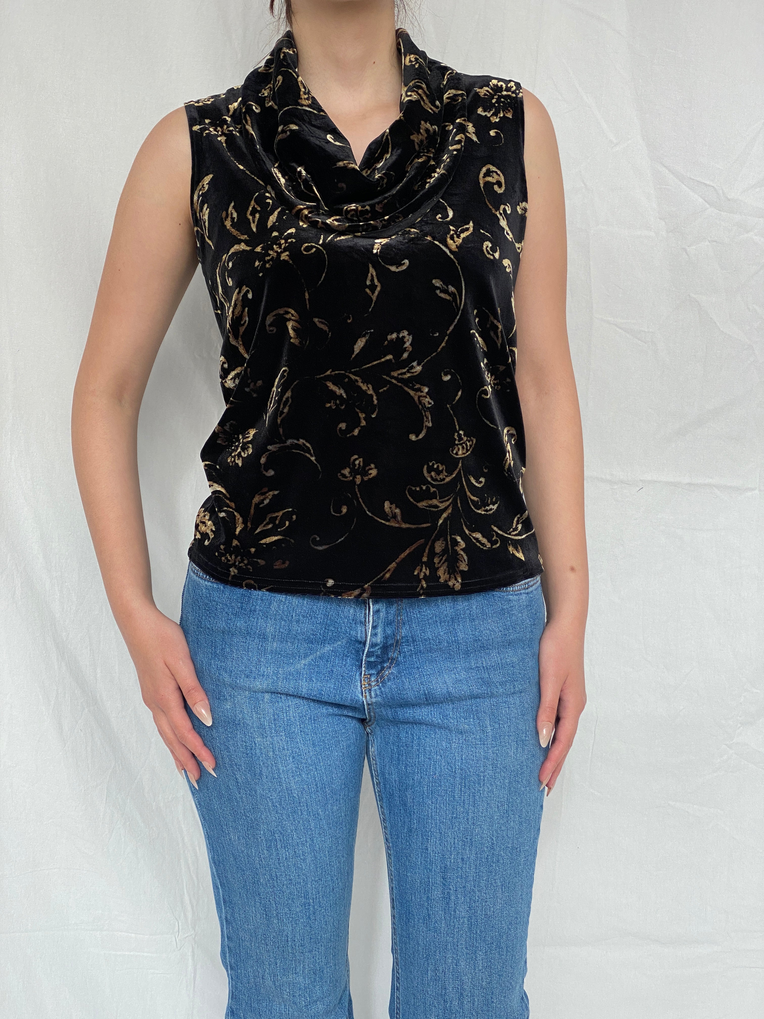 Vintage 90s Kathie Lee Collection Black & Gold Velvet Cowl Neck Women’s Sleeveless Top - M