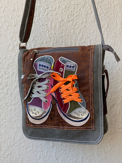 Y2K Grey Denim Faux Leather Sneaker Appliqué Crossbody Bag