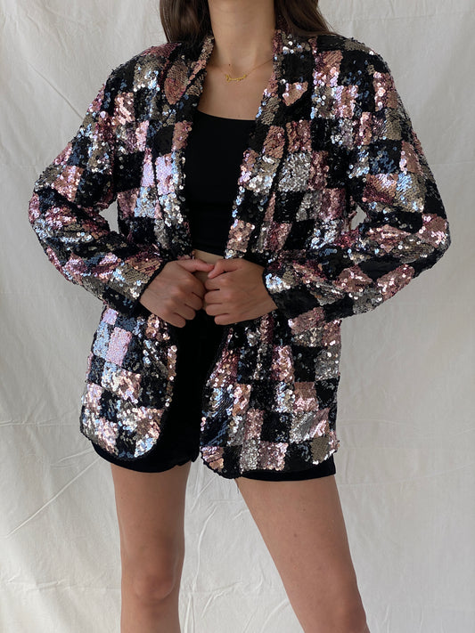 Statement Vintage Jris Black, Pink & Silver Sequin Party Blazer - M