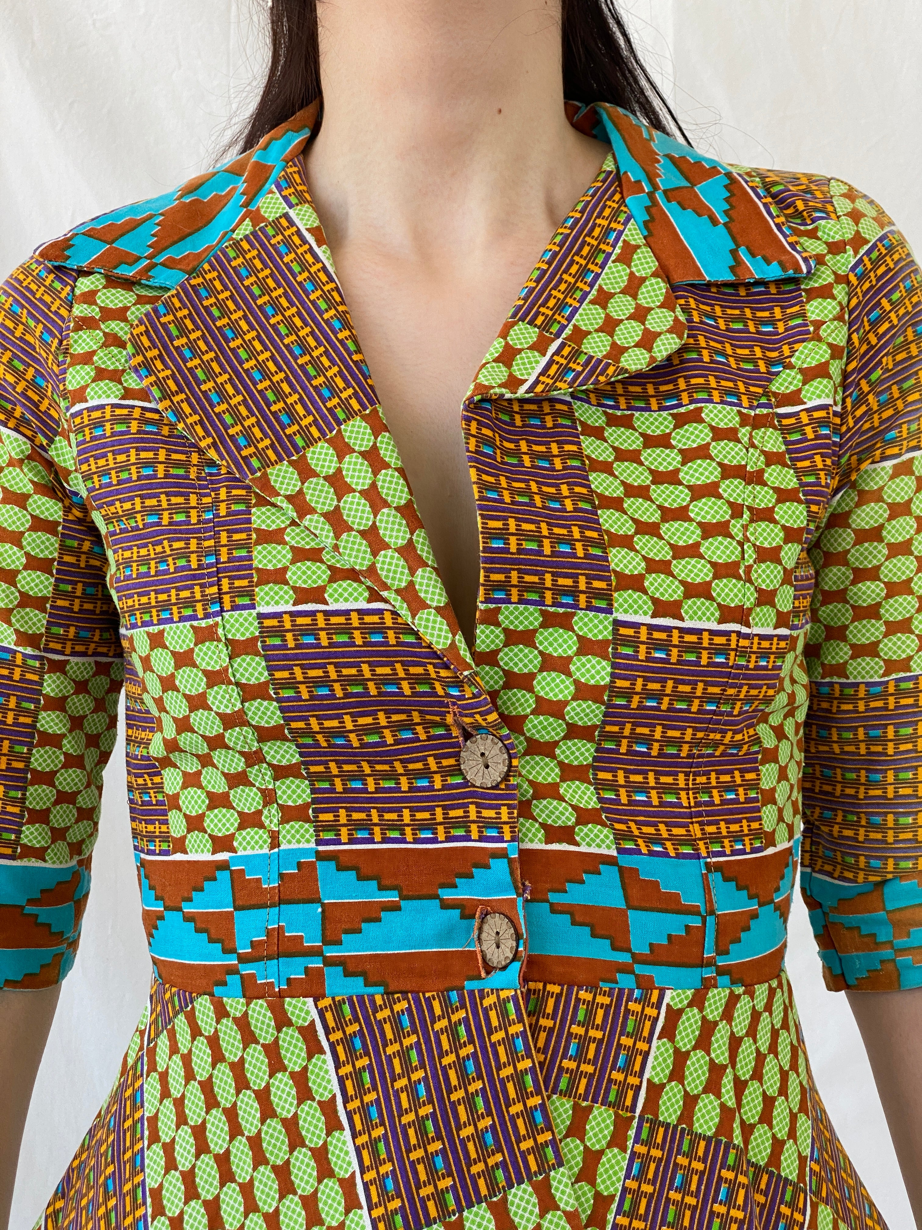 Vintage Handmade Afro Ethnic Print Ankara Short Jacket Green Brown Multicolor Blazer - S