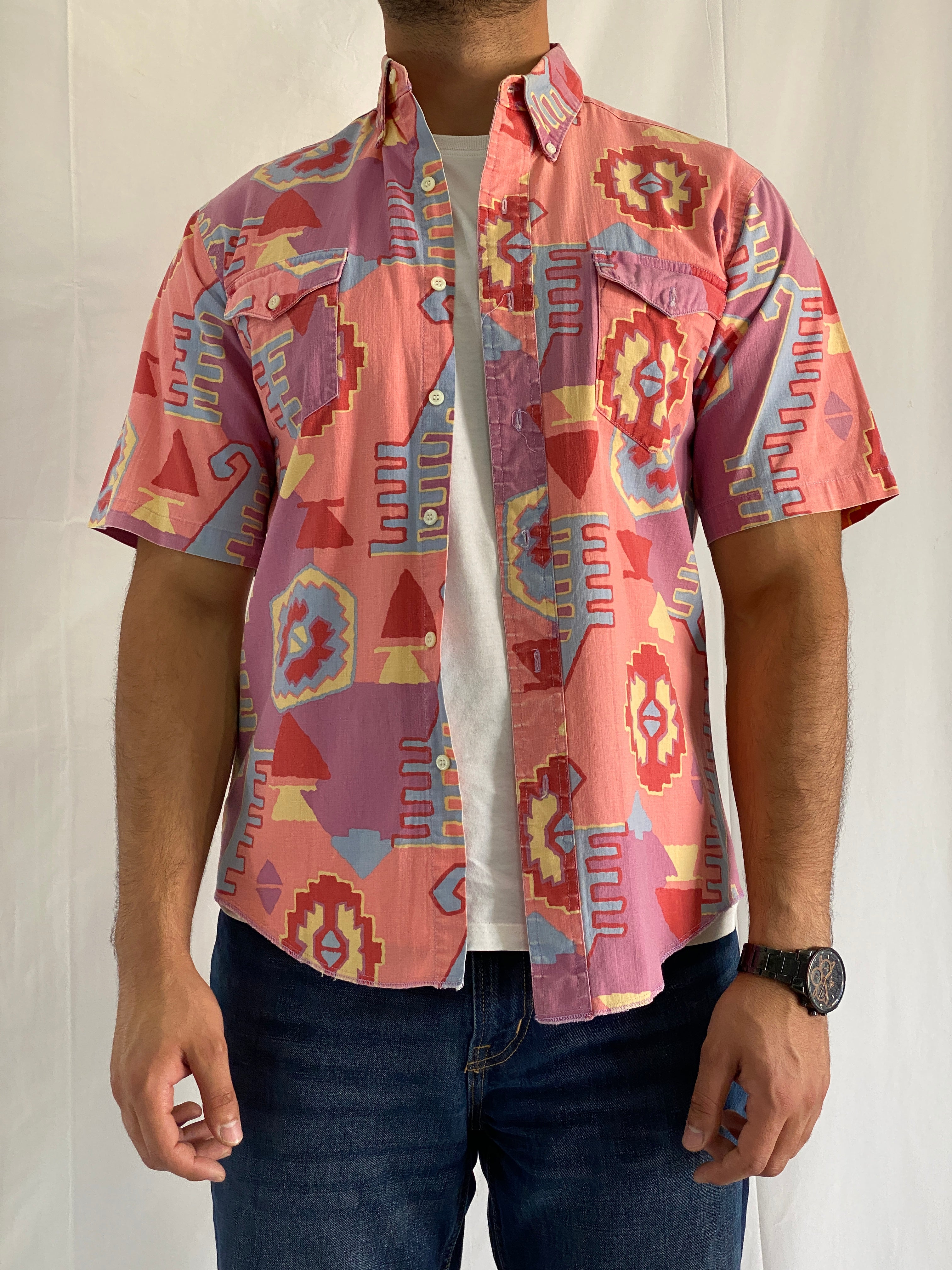 Vintage Wrangler Cotton Aztec Print Men’s Short Sleeve Southwestern Bold 90s Geometric Shirt - M