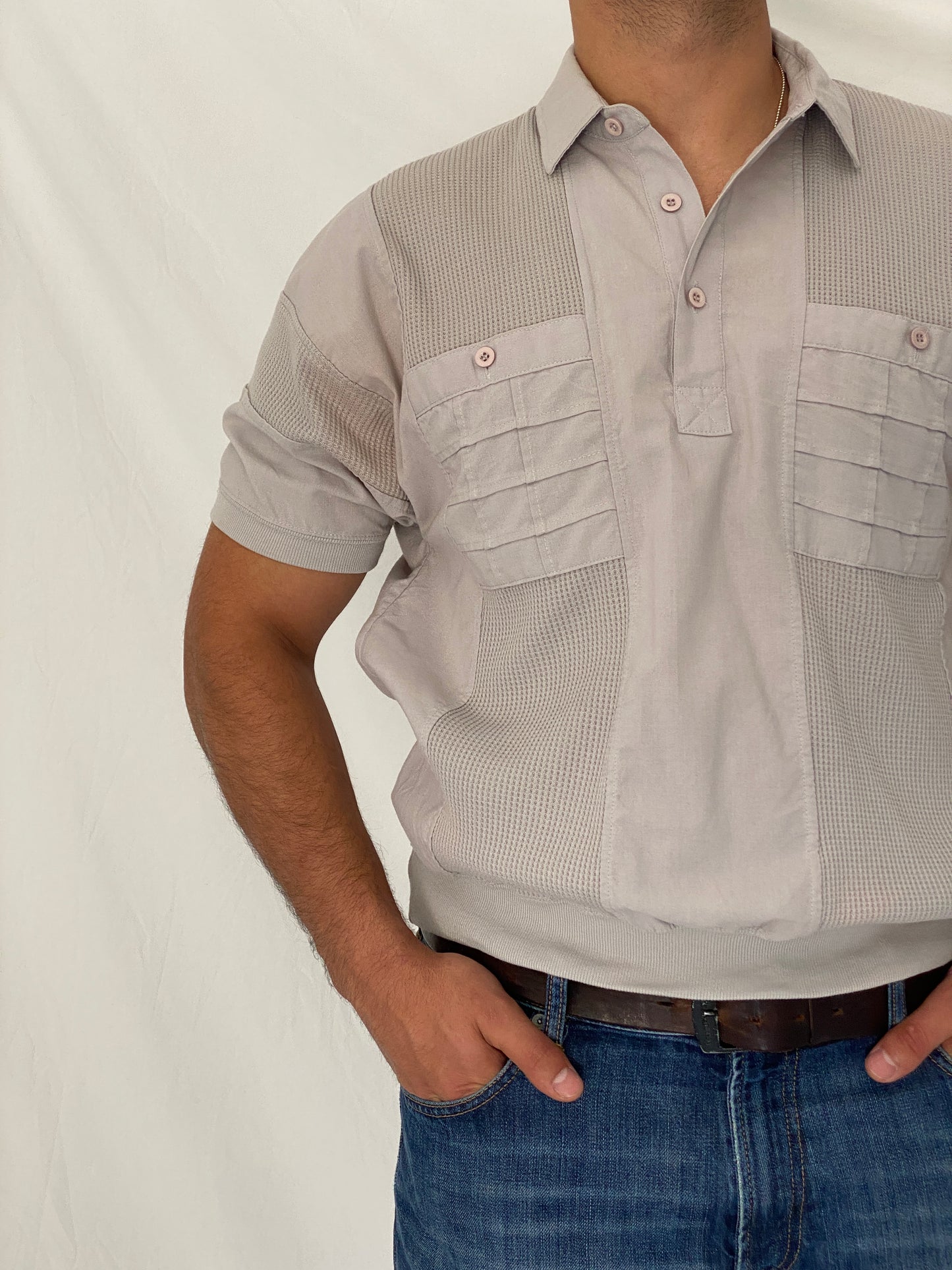 Vintage 90s Alexxus Exclusive Gray Textured Panel Polo Shirt – L