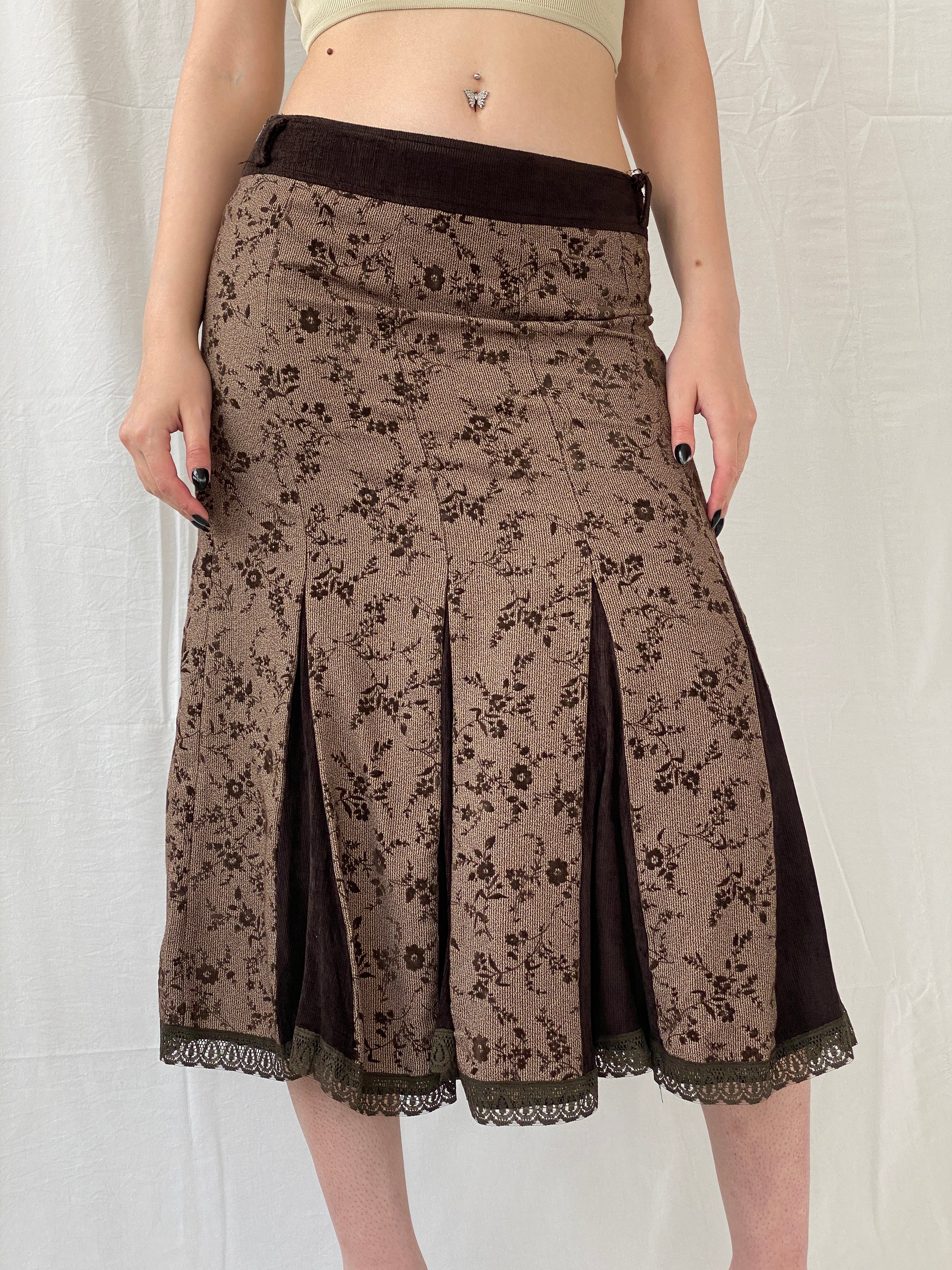 Vintage Floral Brown Lace Trim Pleated Corduroy Midi  Skirt - M