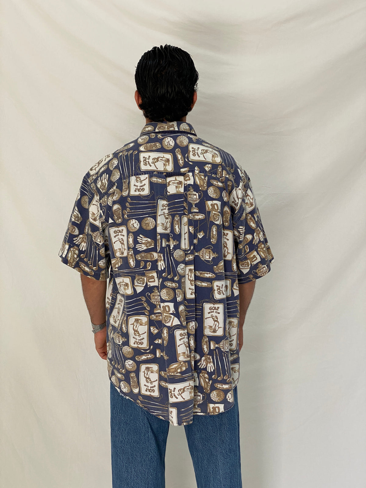 Vintage J.Riggings Golf Print Cotton Shirt Blue Beige Novelty Button Up – XL Vintage J.Riggings Golf Print Cotton Shirt Blue Beige Novelty Button Up – XL