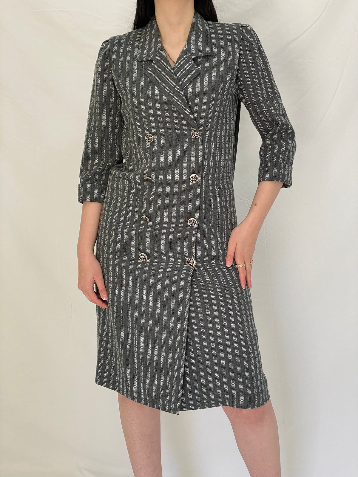 Vintage Leslie Fay Petites Gray Textured Double Breasted Blazer Dress - S Vintage Leslie Fay Petites Gray Textured Double Breasted Blazer Dress - S