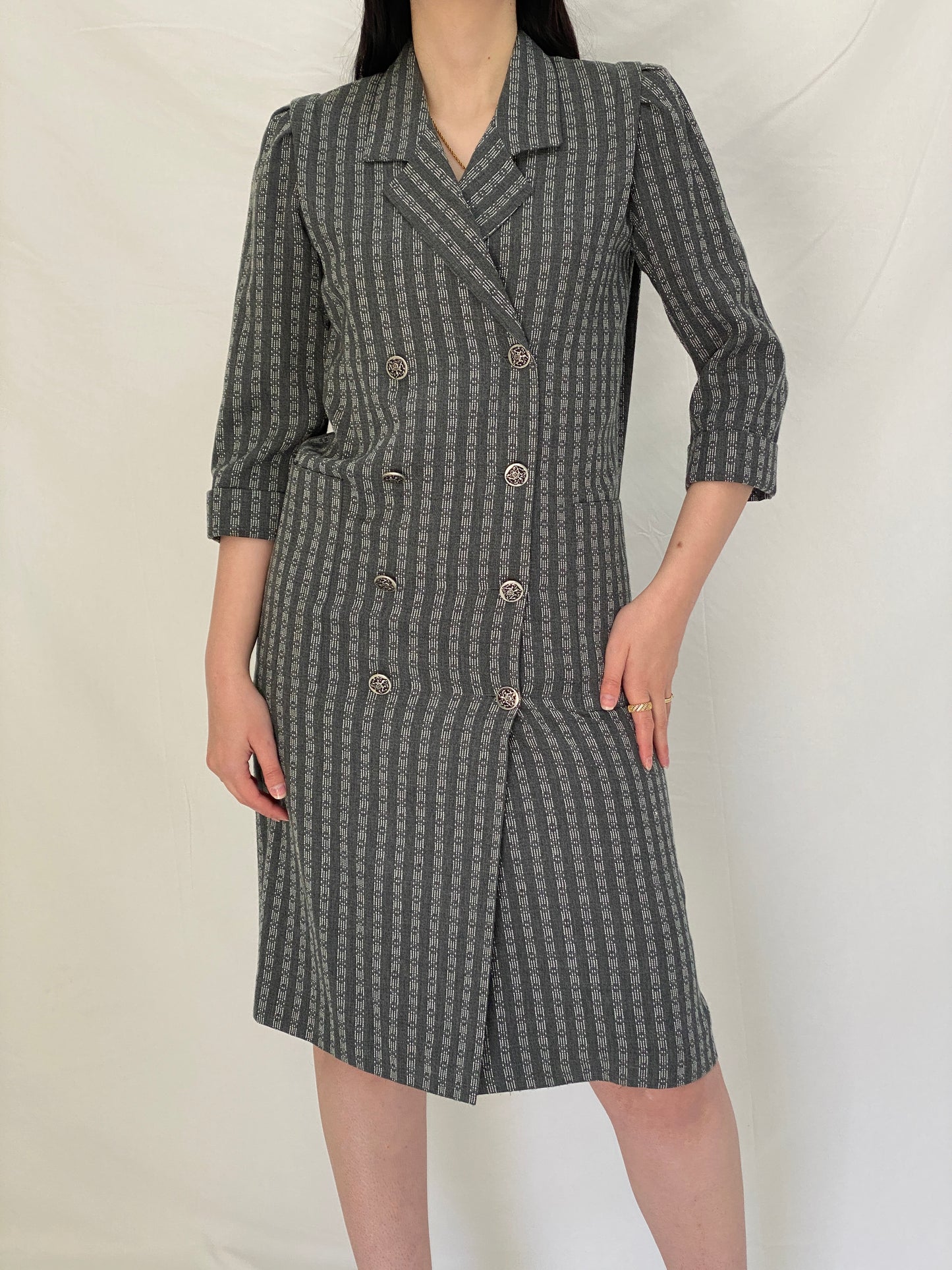 Vintage Leslie Fay Petites Gray Textured Double Breasted Blazer Dress - S