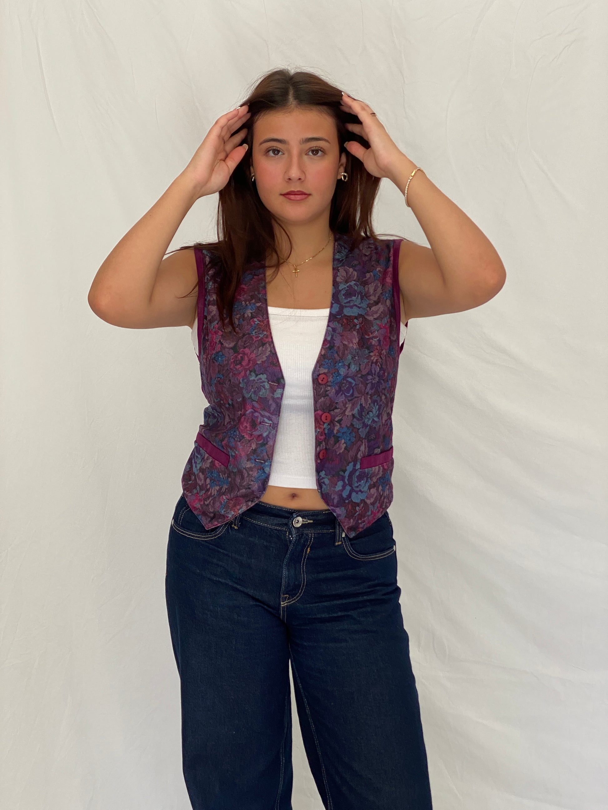 Vintage 90s Pierre Lamonte Purple Waistcoat Floral Button Vest – M Vintage 90s Pierre Lamonte Purple Waistcoat Floral Button Vest – M