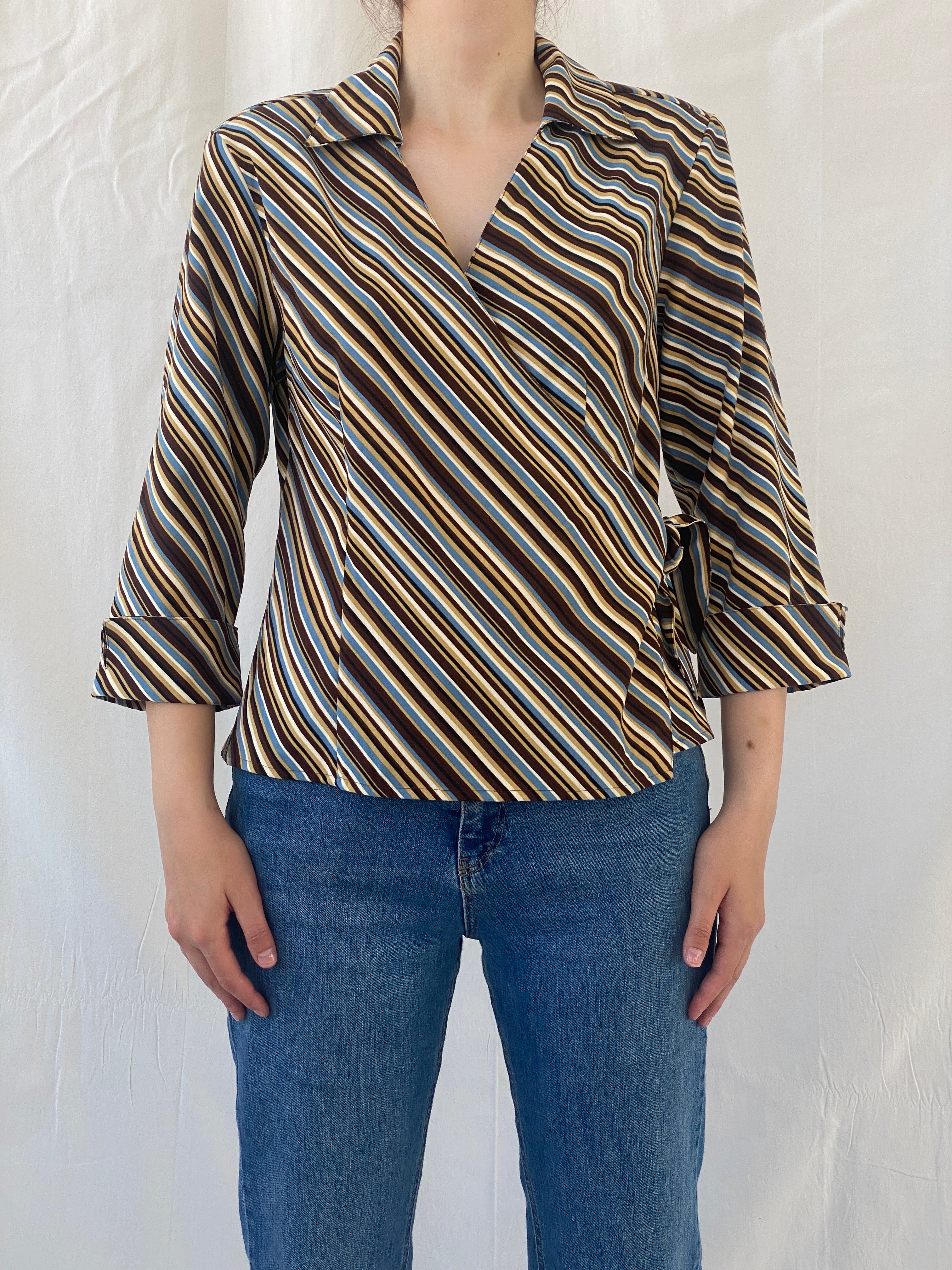 Vintage Selene Sport Striped Multi Colored Shirt Wrap Around Top - M