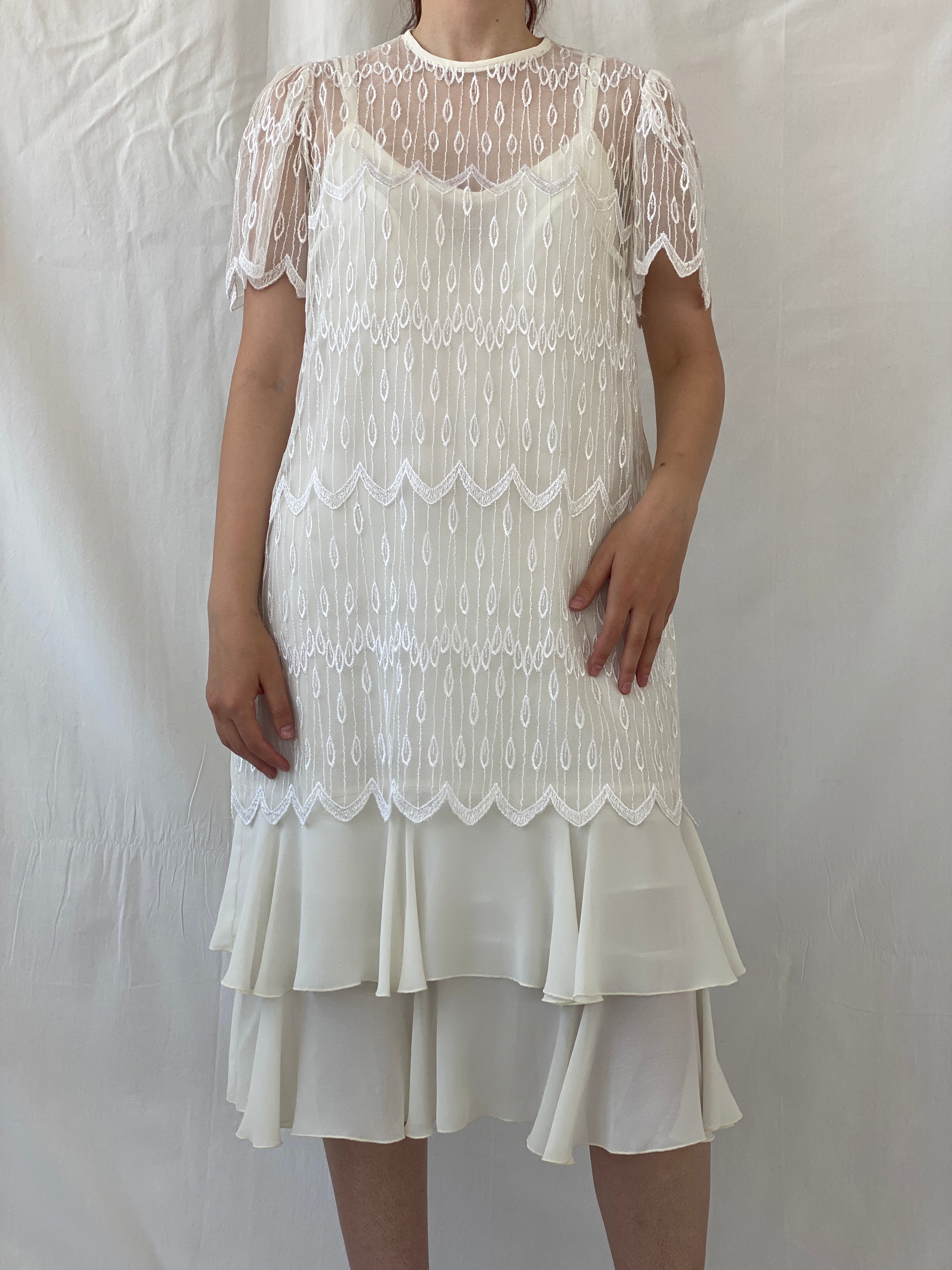 Vintage 70s/80s Gina Bacconi White Lace Gatsby Wedding Dress - XL