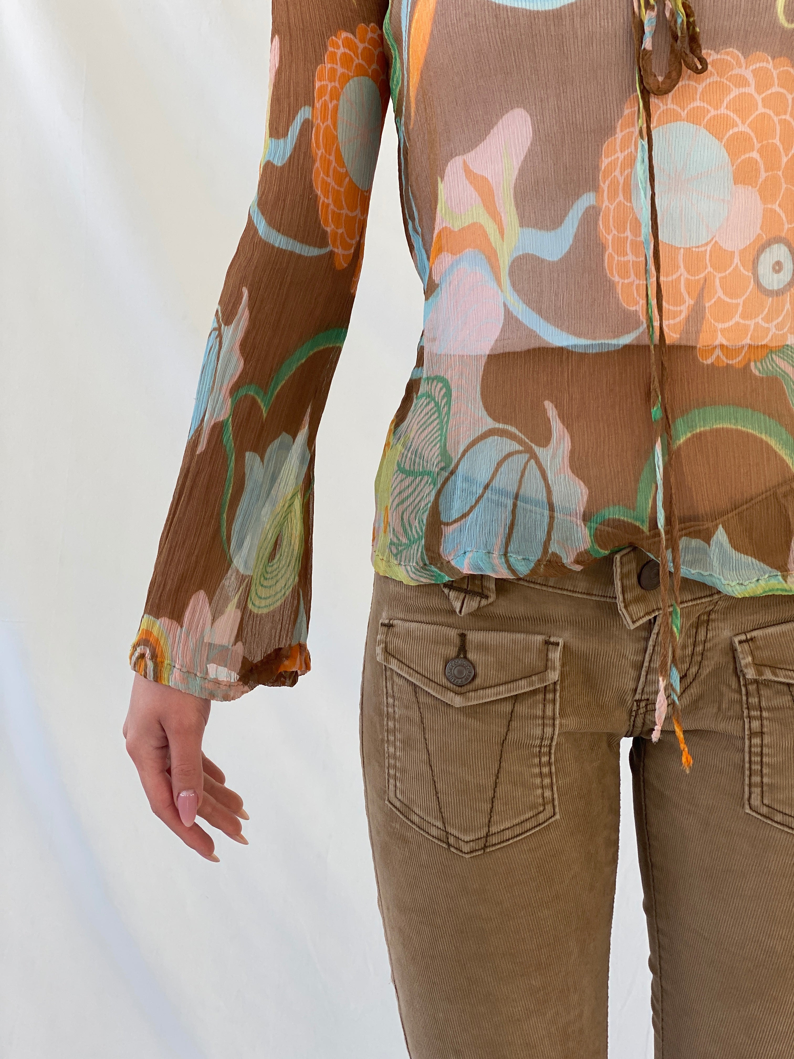 بلوزة حرير نسائية شفافة بأكمام كاملة بتصميم 60s من Miss Sixty Y2K - مقاس XS