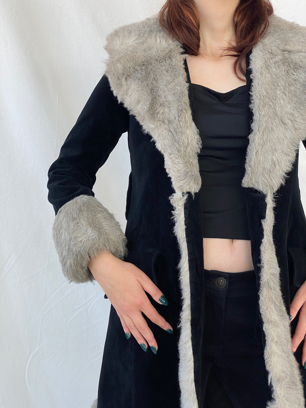 Vintage 90s Wild Rose Penny Lane Black Faux Grey Fur Afghan Style Coat - M