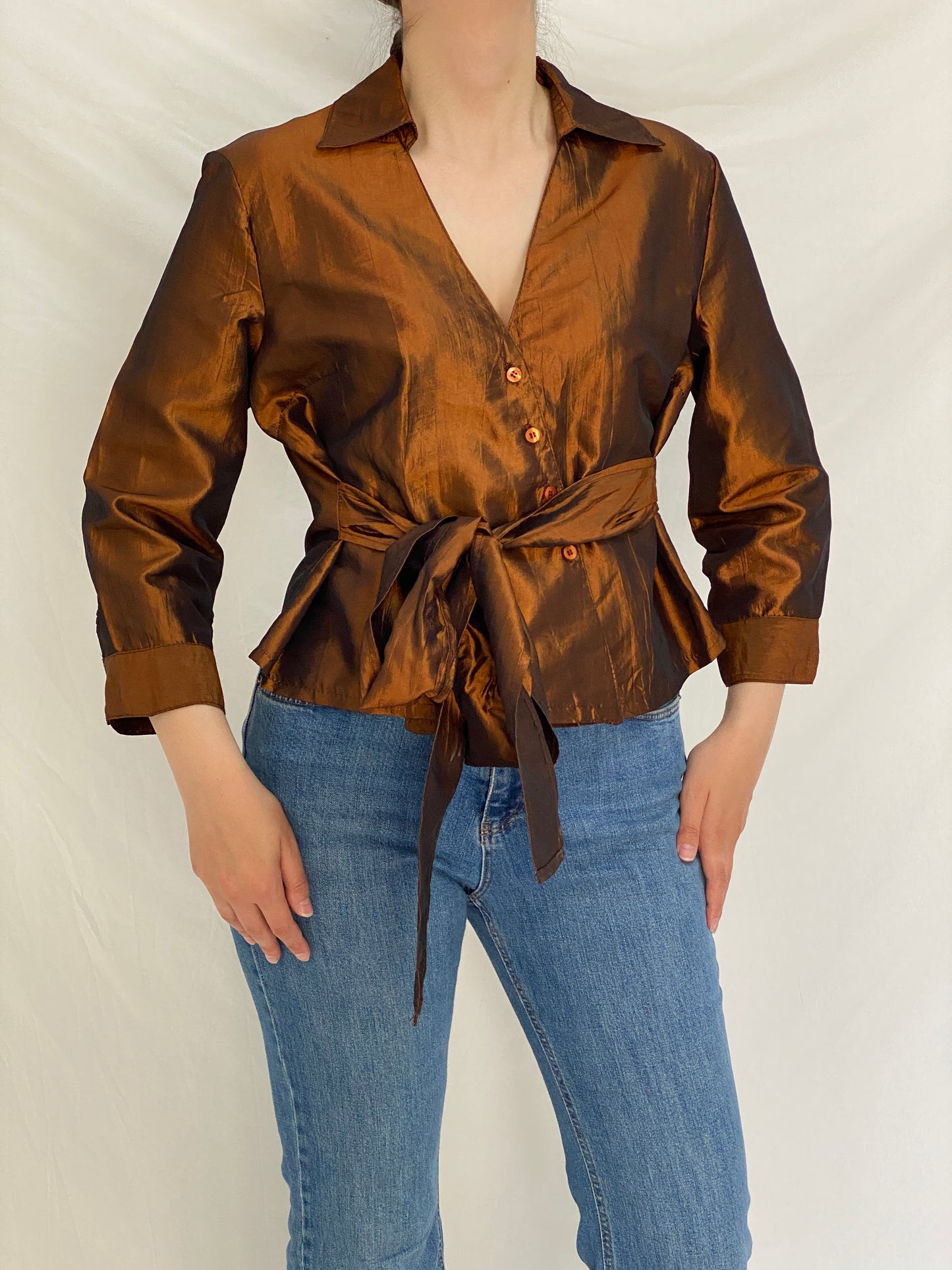 Vintage Pleno Bronze Metallic Wrap Blouse Tie Waist Shimmer Top - L