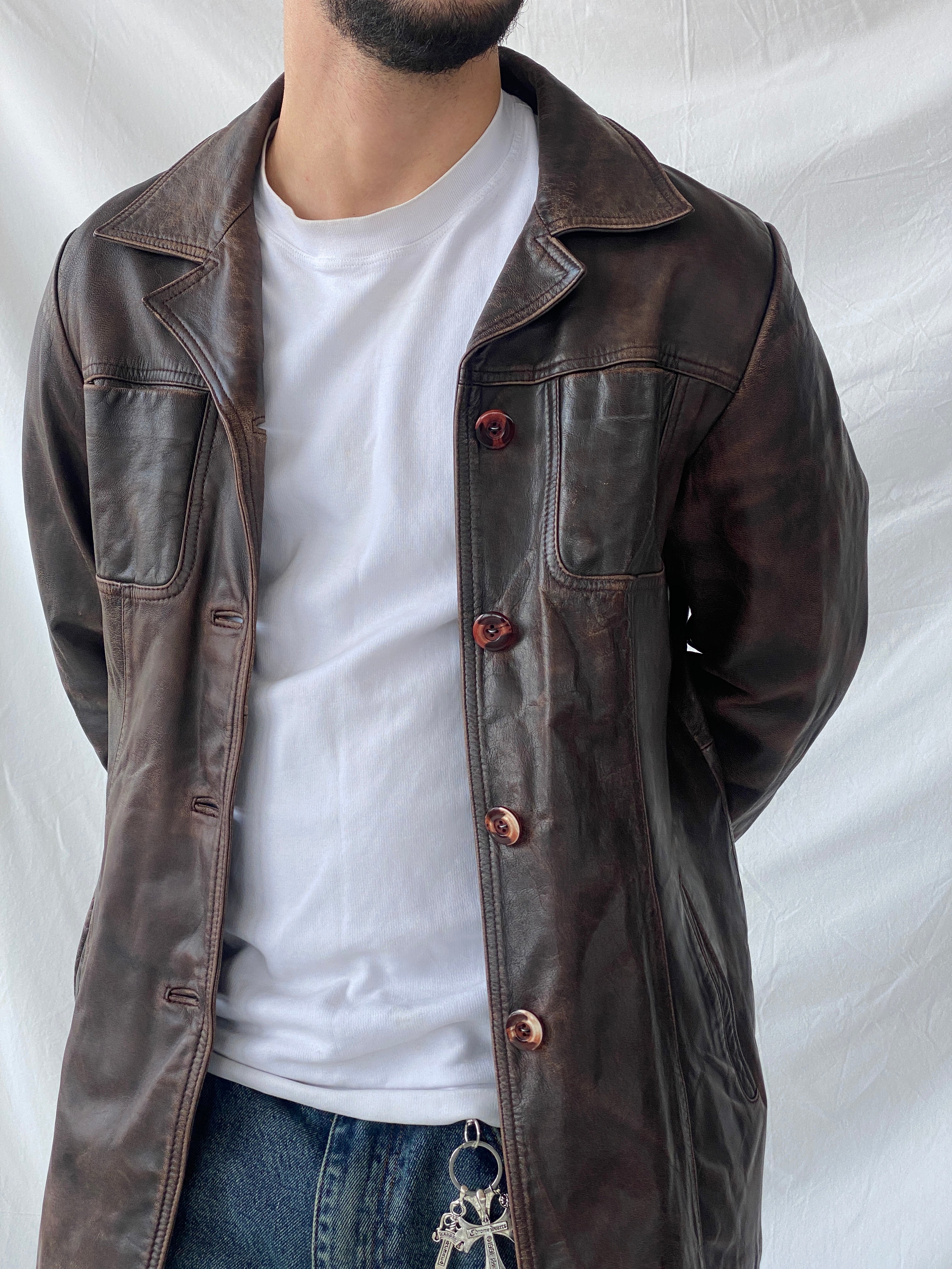 Vintage Saki Leather Brown Genuine Leather Buttoned Blazer Coat - M