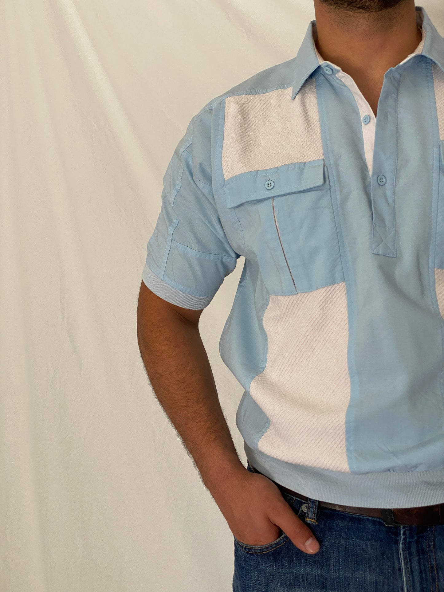 Vintage Alexxus Knit Panel Polo Shirt Blue & White Retro Pullover – XL