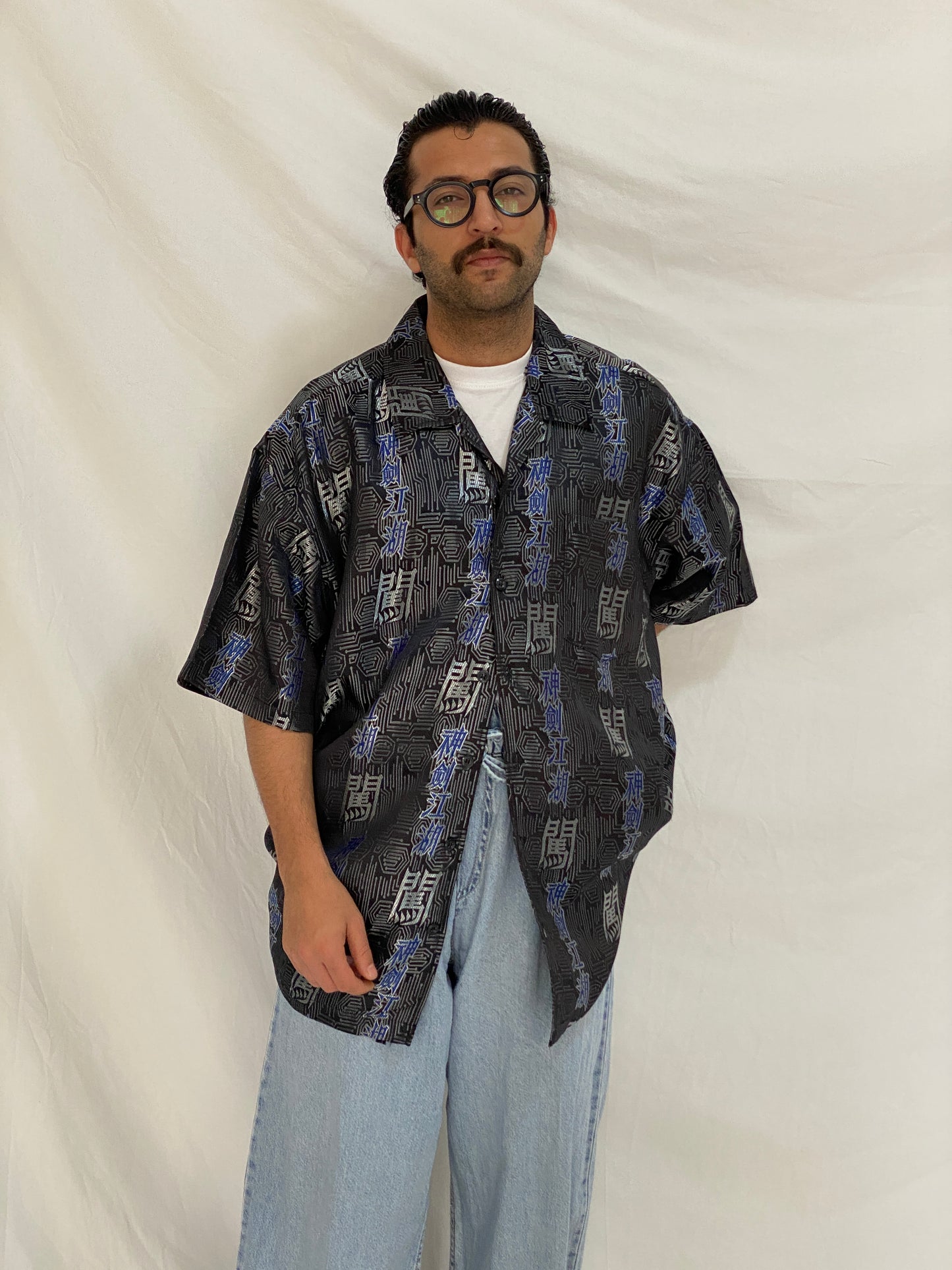 Vintage Y2K Kno Betta Blue Jeans Black & Blue Japanese Graphic Button Up Shirt - 2XL