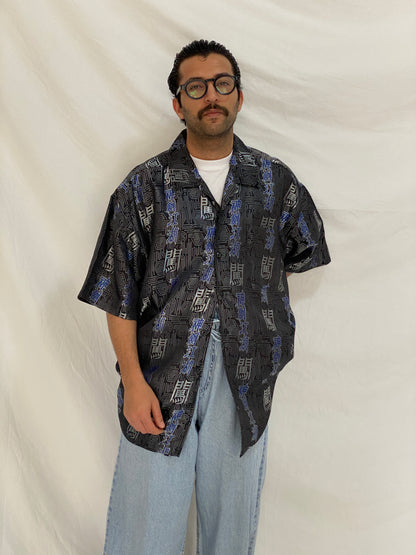 Vintage Y2K Kno Betta Blue Jeans Black & Blue Japanese Graphic Button Up Shirt - 2XL