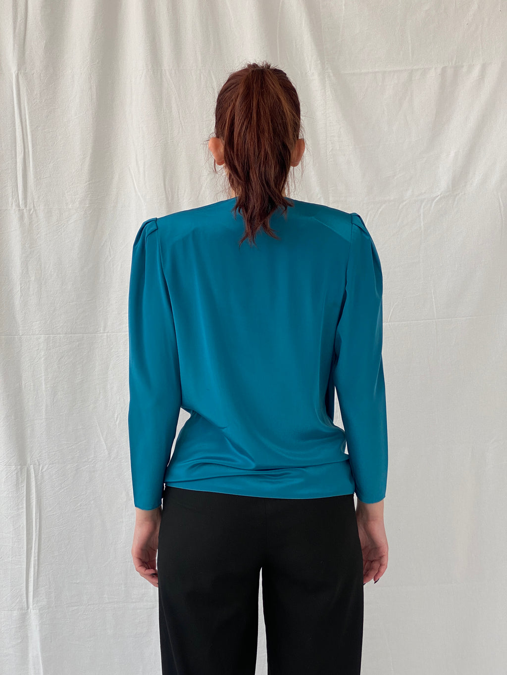 Vintage Handmade Turquoise Aqua Women’s Long Sleeve Sequin Party Wrap Blouse - M