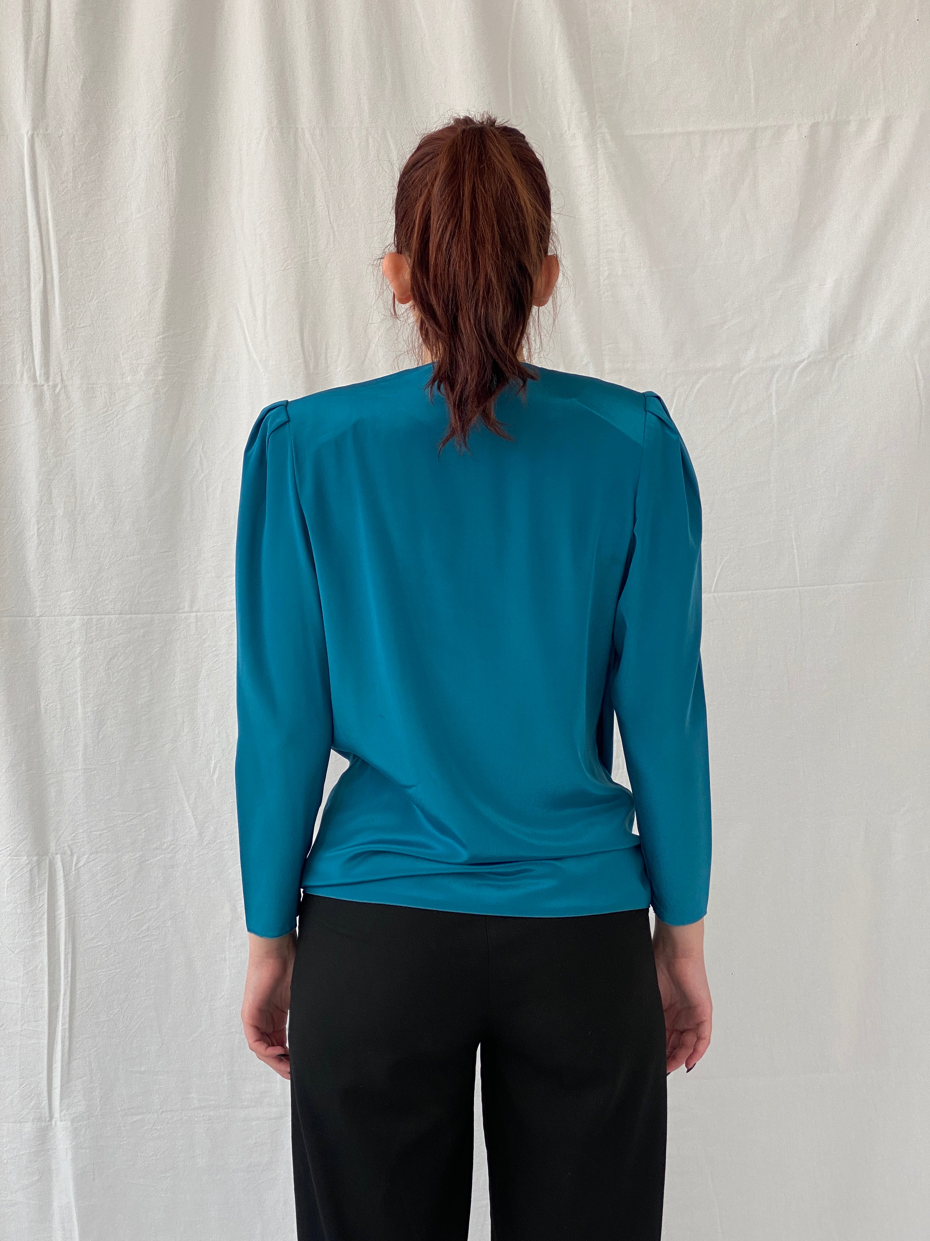 Vintage Handmade Turquoise Aqua Women’s Long Sleeve Sequin Party Wrap Blouse - M