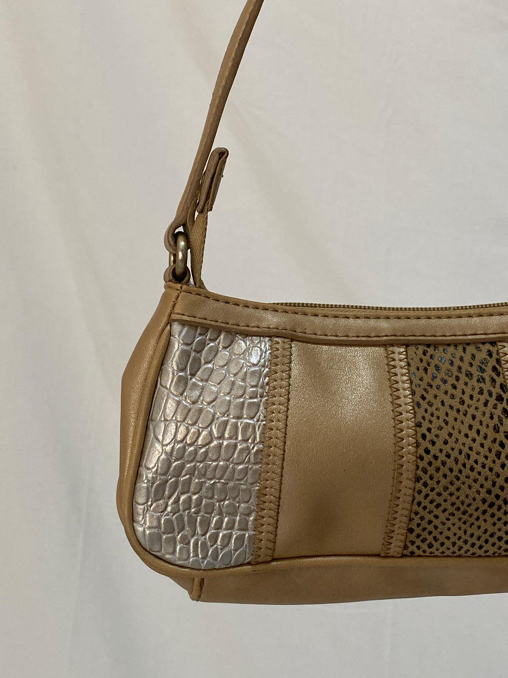 Vintage Nine West Beige Shoulder Bag Y2K Faux Leather Baguette with Croc & Snakeskin Panels