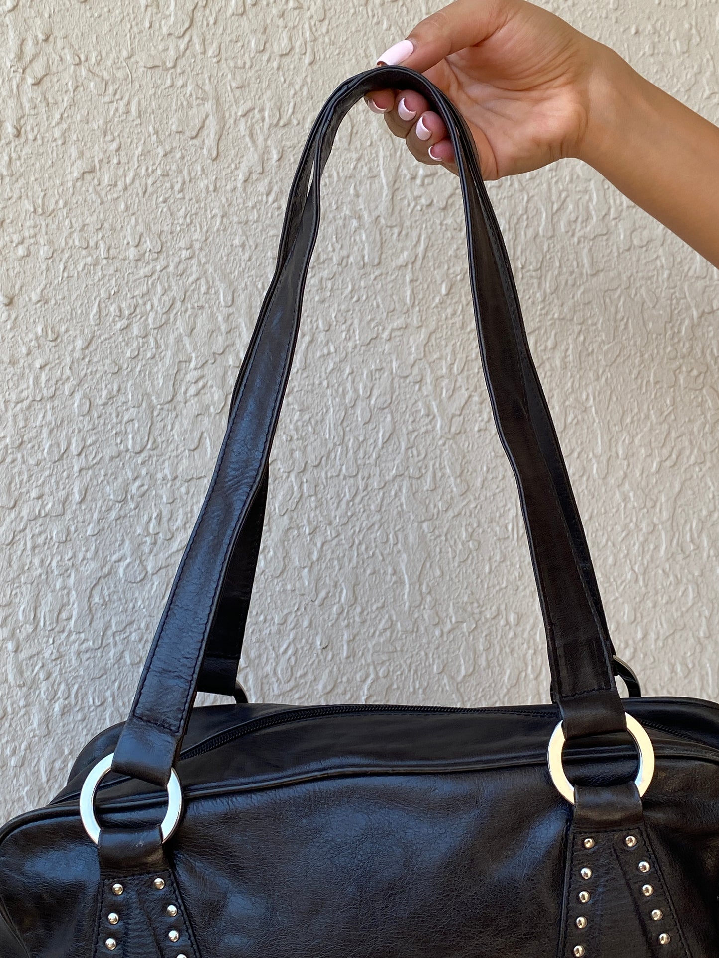 Vintage Black Faux Leather Studded Bowling Shoulder Bag