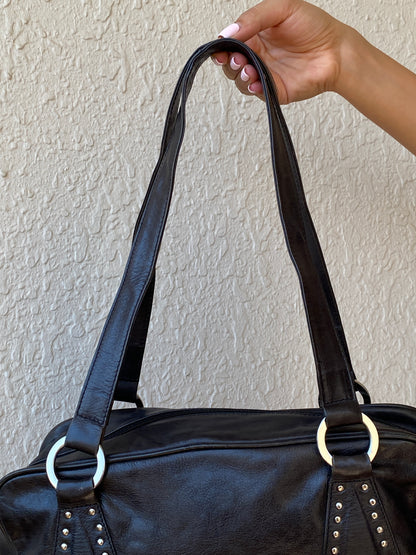 Vintage Black Faux Leather Studded Bowling Shoulder Bag