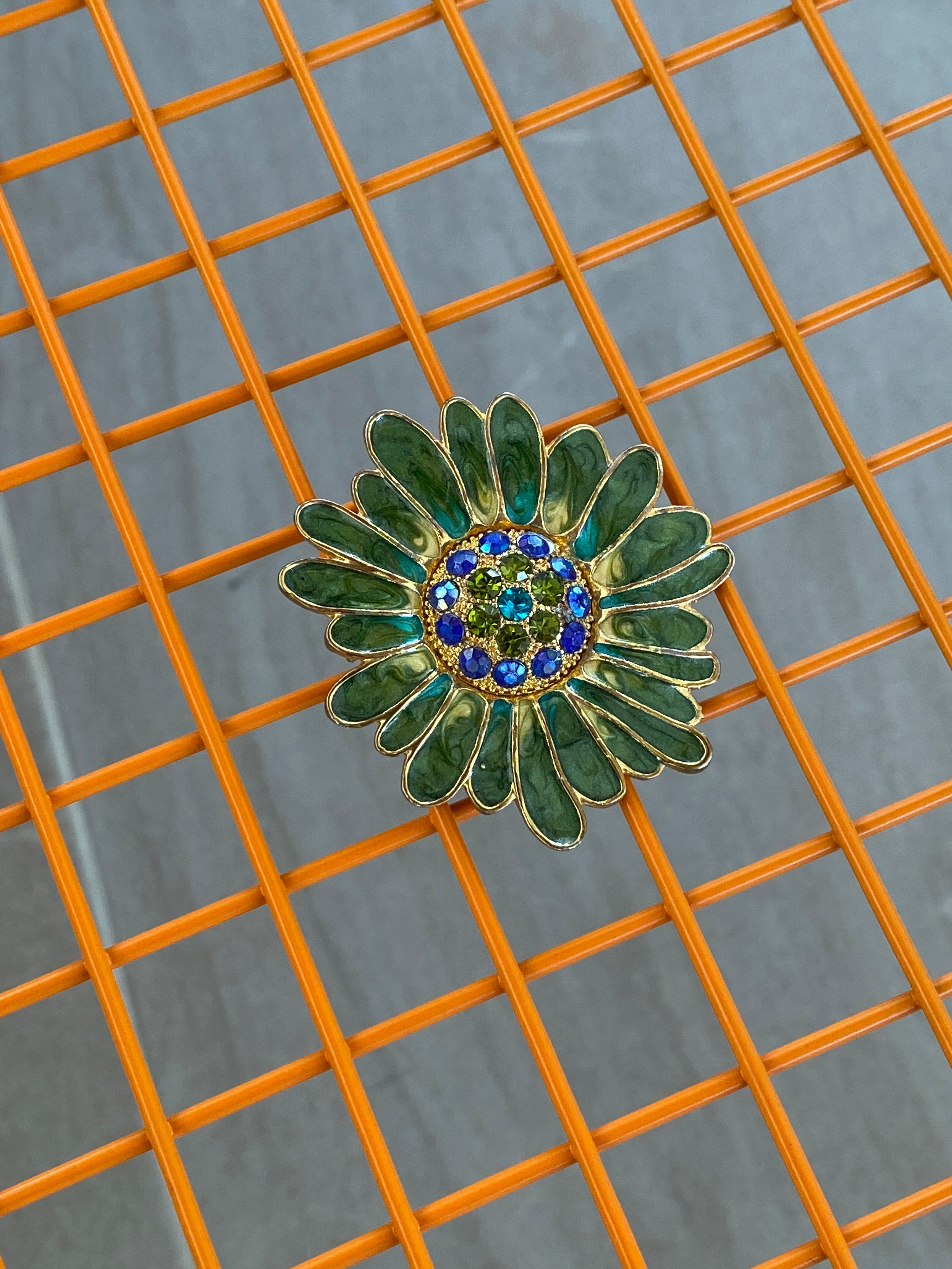 Vintage Monet Green Floral Enamel And Rhinestone Pin Brooch