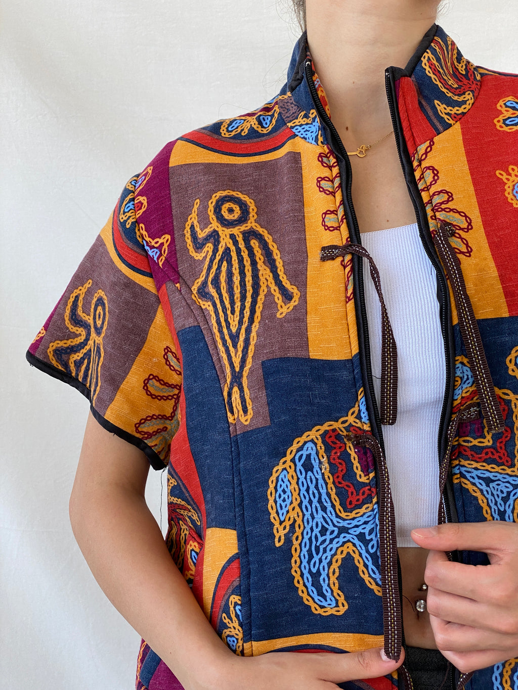 سترة بوليرو يابانية مبطنة متعددة الألوان بتصميم قبلي عرقي - مقاس كبير