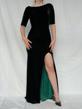 Vintage Green Velvet Maxi Dress With A Side Slit &amp; Open Beaded Back - M