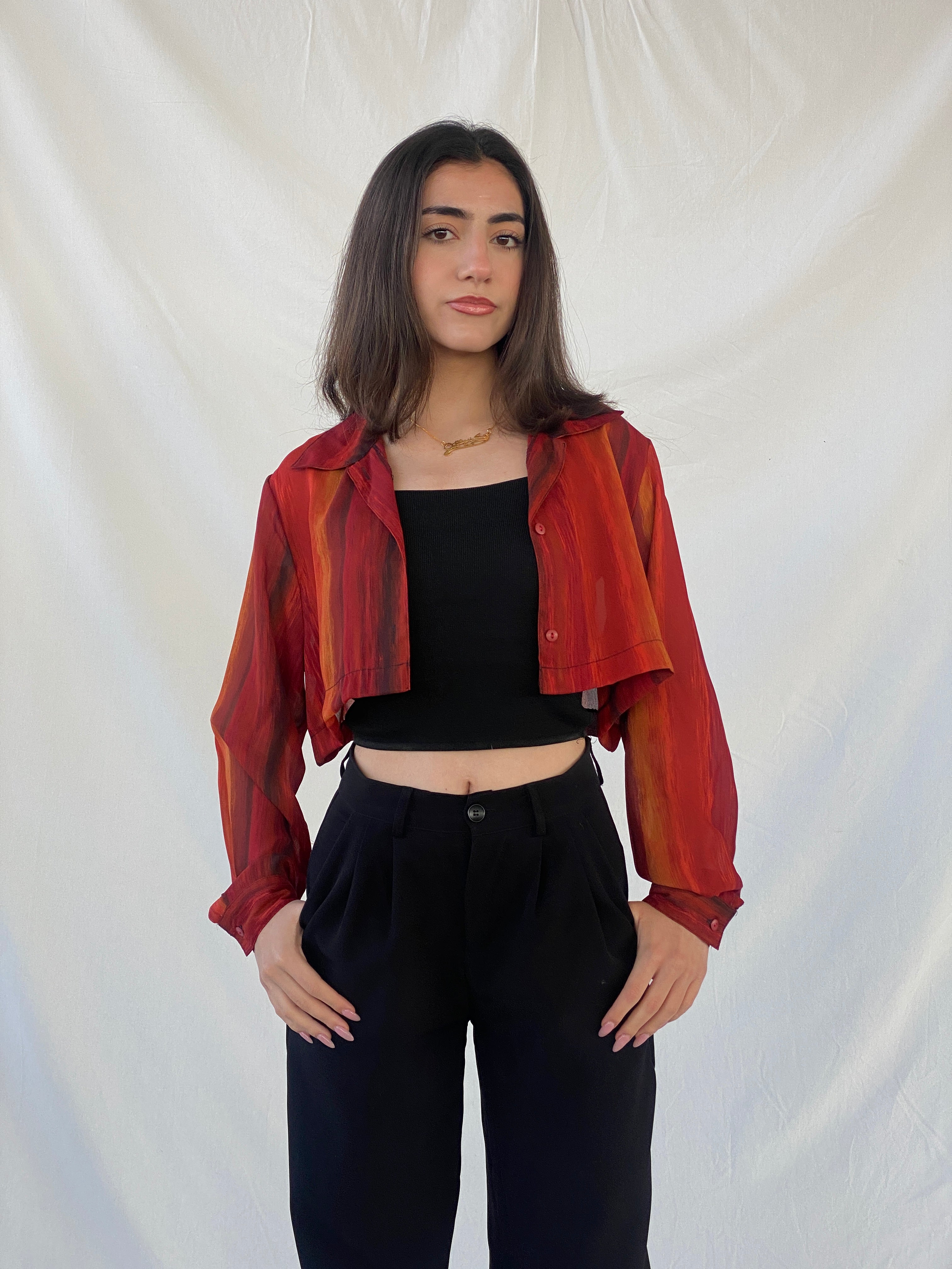 قميص نسائي برتقالي قصير بأكمام كاملة من Vintage Noteations - مقاس M