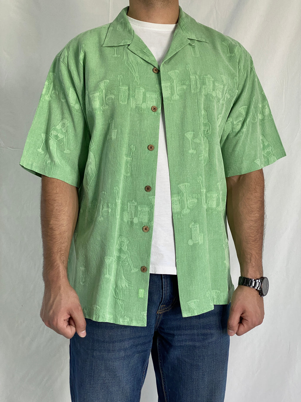 Vintage Tommy Bahama Silk Green Hawaiian Camp Shirt – Cocktail & Hula Print Men’s Shirt - L