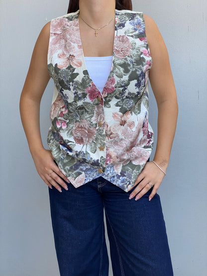 Vintage 90s O.S.O Sport Cream Floral Tapestry Star Button Vest – L