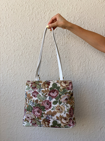 Vintage Floral Tapestry White Faux Leather Trim & Gold-Tone Clasp Coquette Shoulder Bag