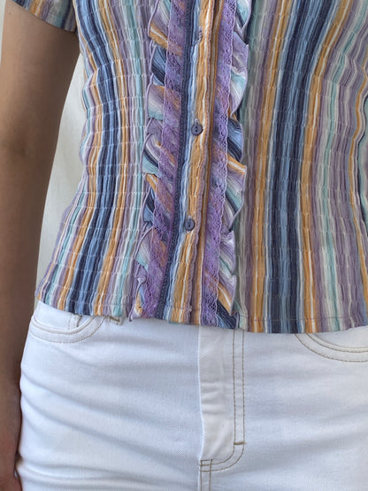 Y2K Pastel Purple Blue Striped Cut Out Back Scrunch Short Sleeve Shirt- M