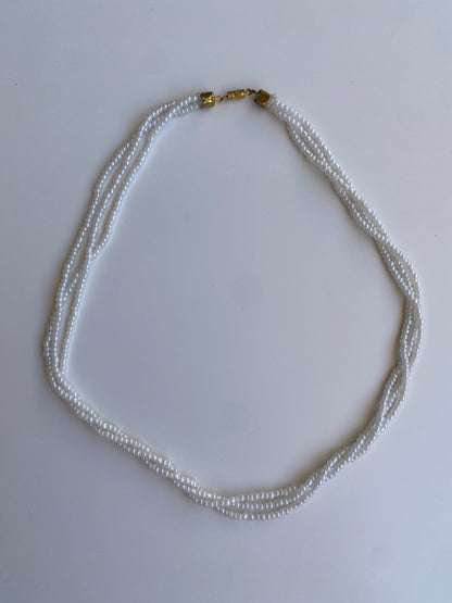 Vintage 90s/Y2K White Iridescent Seed Bead Triple-Strand Necklace with Gold-Tone Clasp