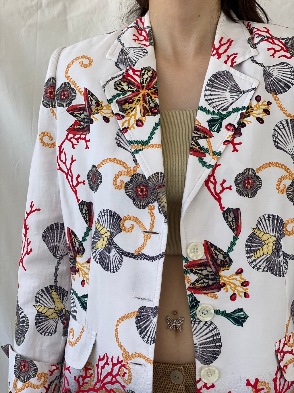 Statement SELMA Ivory Multicolor Seashell Red Coral Printed Cotton Blazer - XL