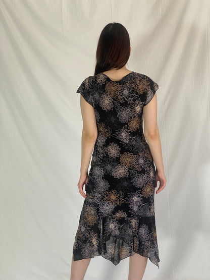 Vintage M&S Mode Black Floral Midi Dress Handkerchief Hem - S