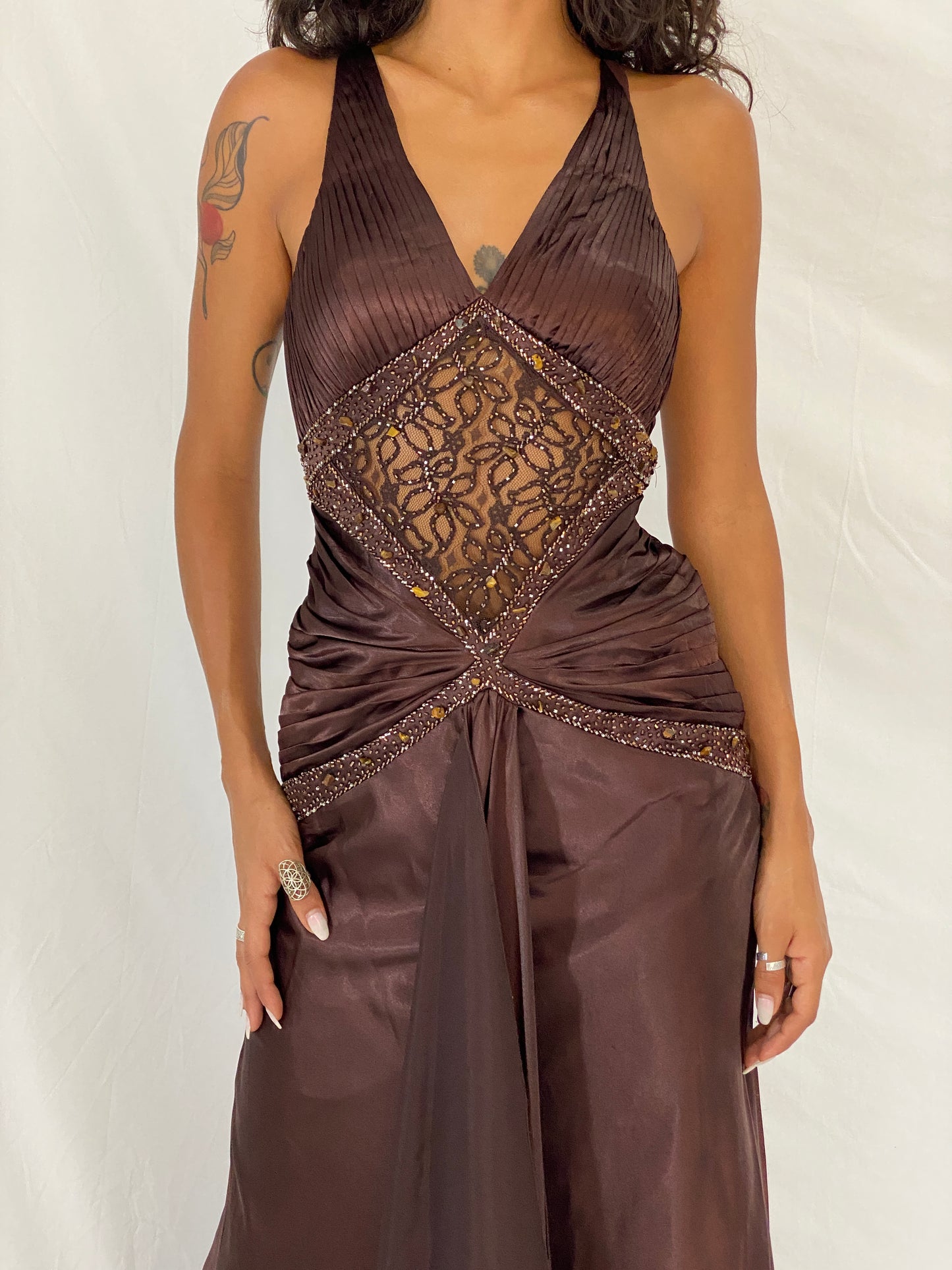 Vintage Y2K Alyce Designs Brown Satin Beaded Lace Cutout Formal Maxi Dress - XS