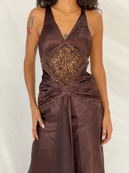 Vintage Y2K Alyce Designs Brown Satin Beaded Lace Cutout Formal Maxi Dress - XS