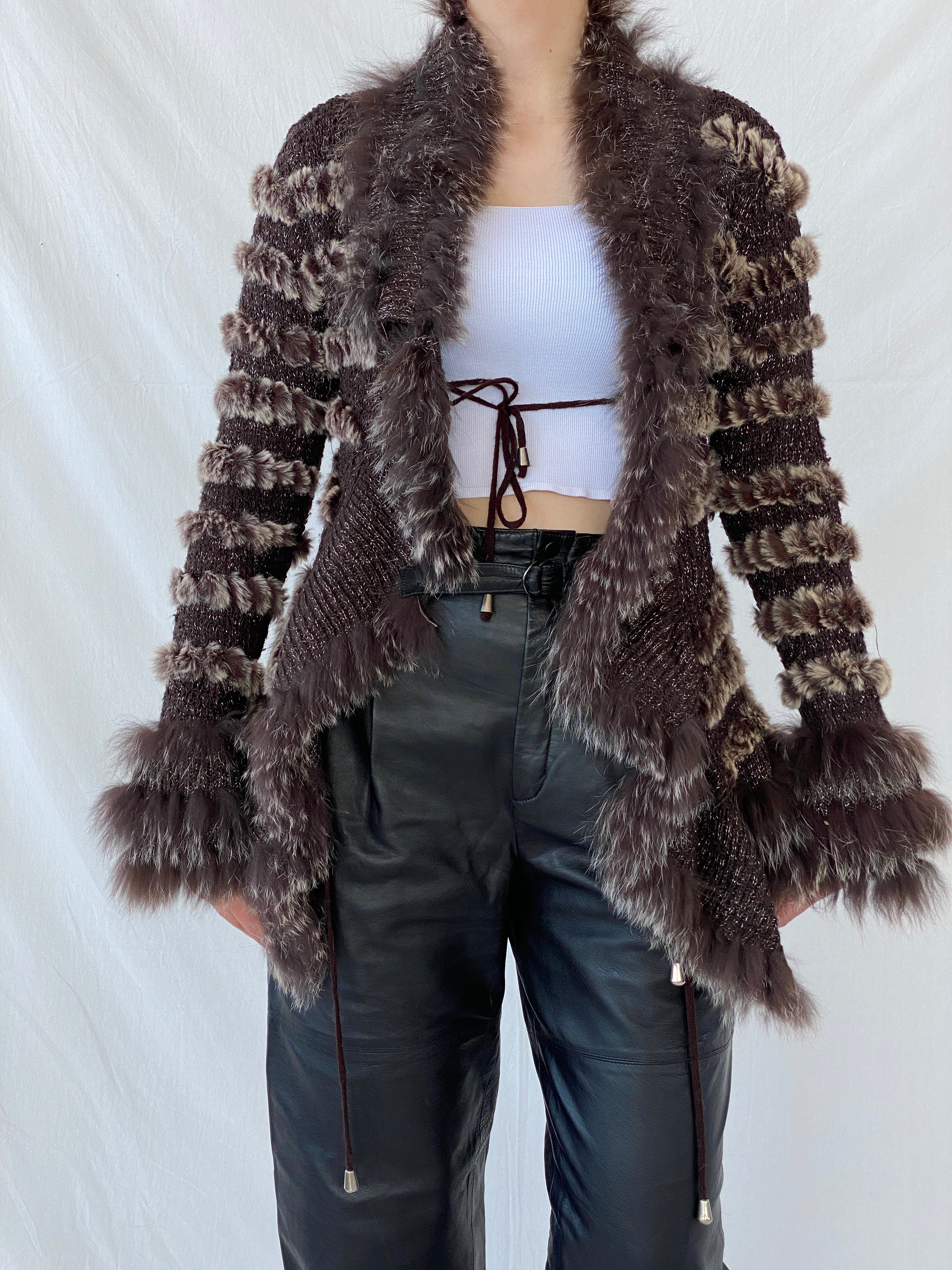 Vintage Knit Rabbit & Fox Fur Brown Cardigan Jacket - S