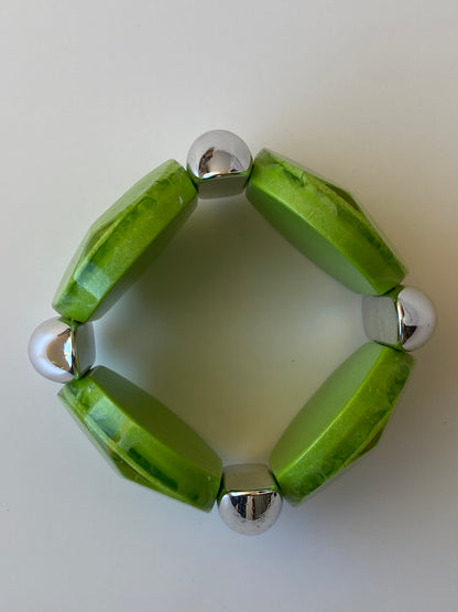 Y2K Green Resin & Silver-Tone Stretch Bracelet Statement Bangle