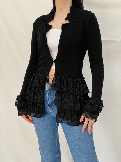 Vintage Storybook Knits Black Ruffle Lace Grunge Whimsigoth Knit Layer Cardigan - S