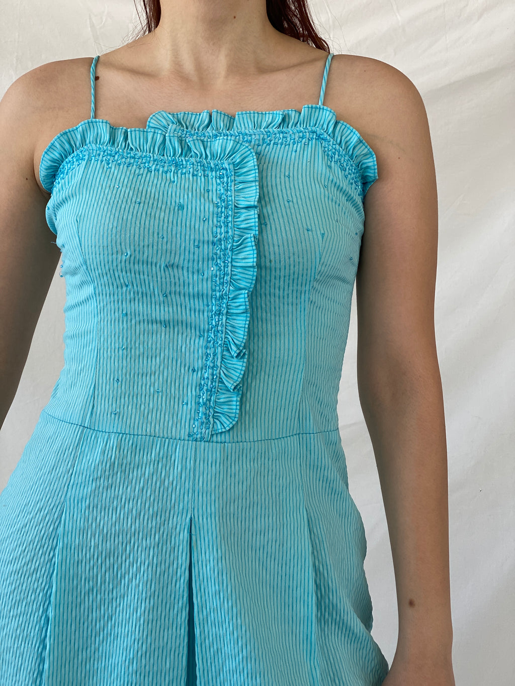 Vintage Hayg Striped Blue Beaded Ruffle Summer Knee Length Dress - M