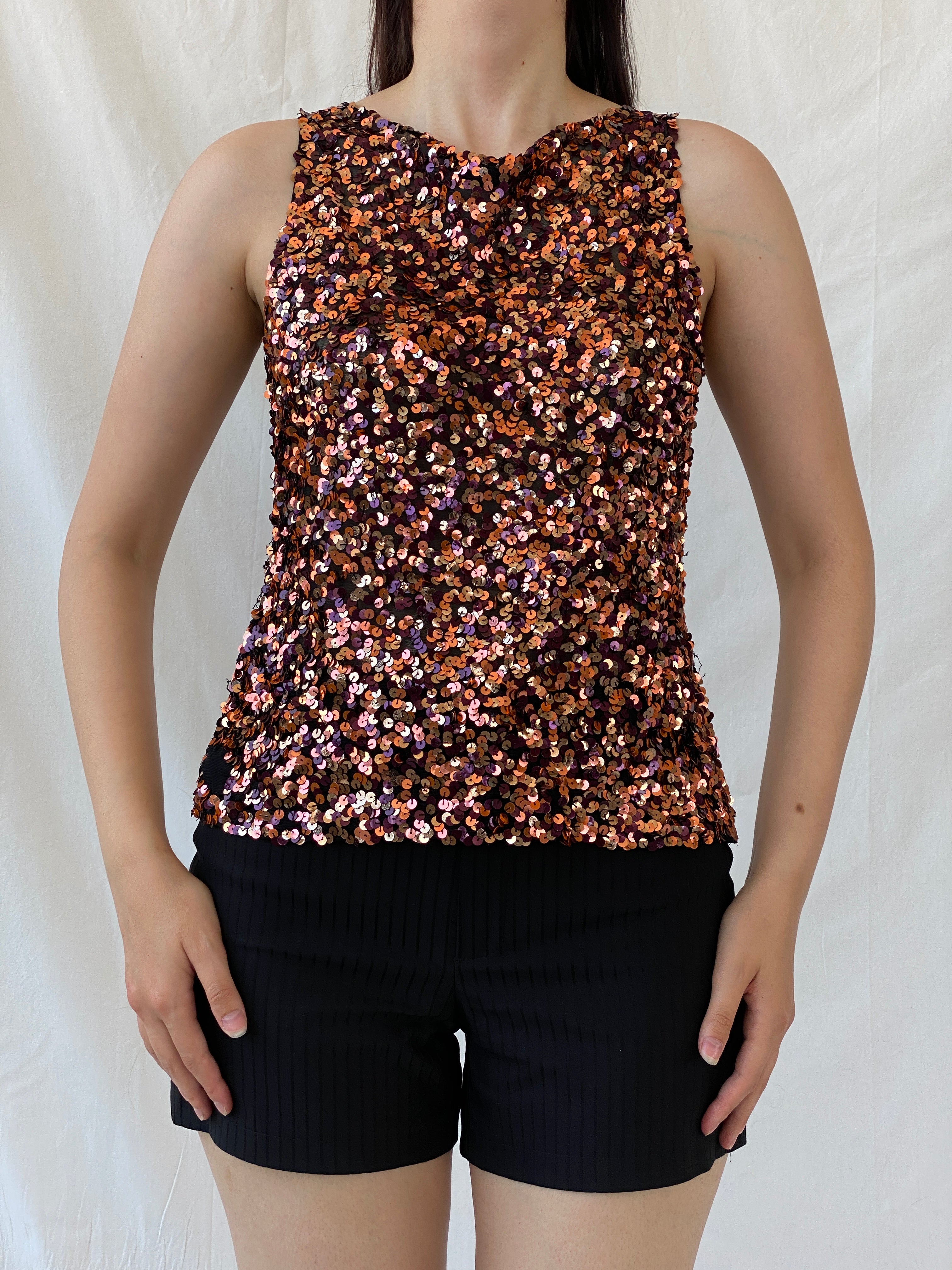 بلوزة سهرة بدون أكمام من فيرا مونت فرنسا، مصنوعة من النحاس والترتر، بتصميم عتيق - مقاس M