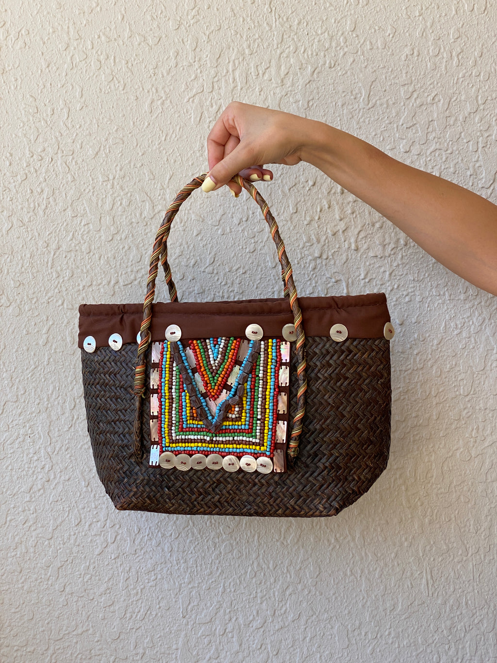 Vintage Handwoven Straw Beach Bag with Beaded Tribal Detail & Shell Accents