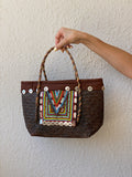 Vintage Handwoven Straw Beach Bag with Beaded Tribal Detail & Shell Accents