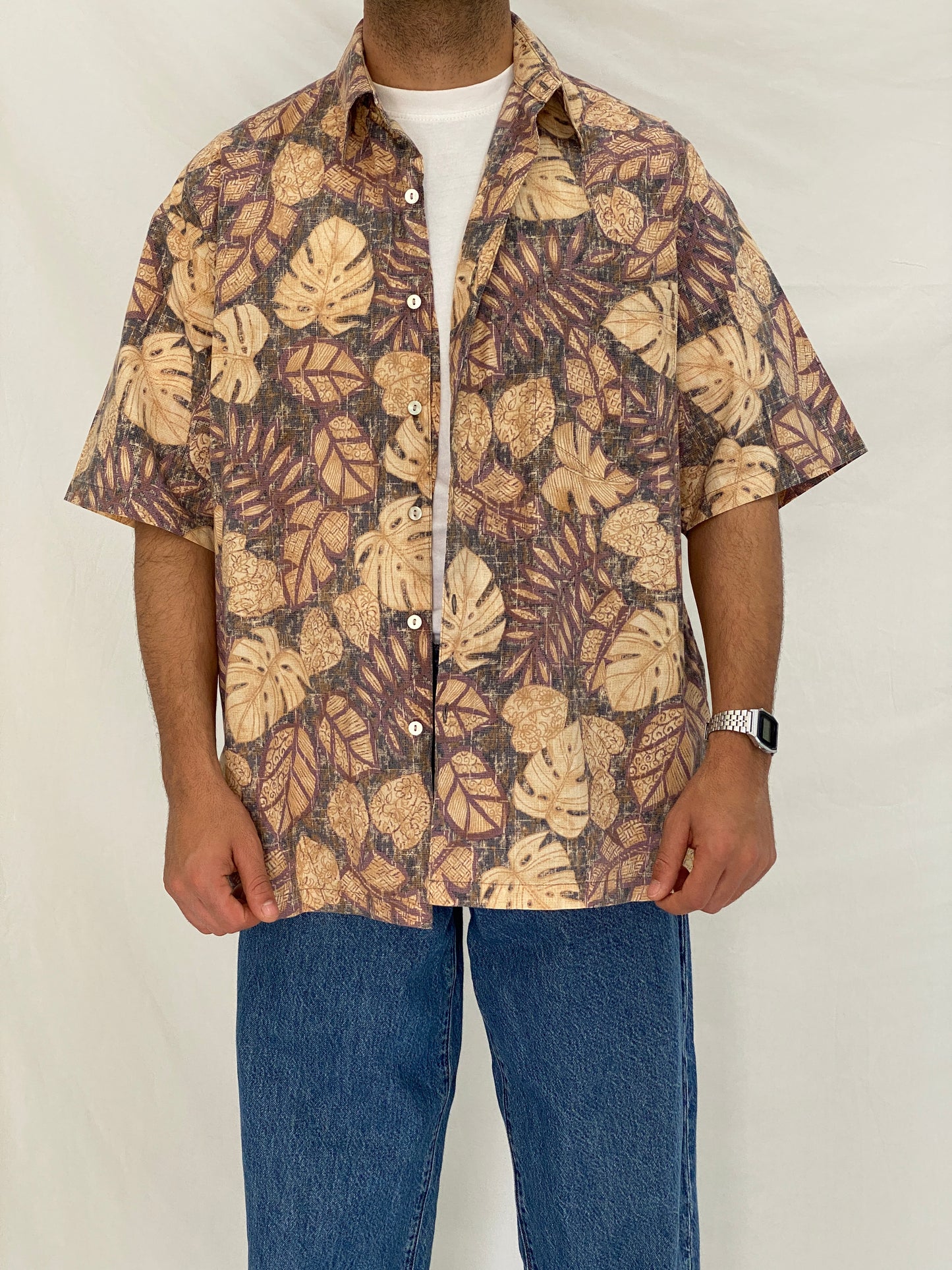Vintage Tori Richard Hawaiian Shirt Beige Brown Tropical Print Camp Collar Aloha Shirt - L